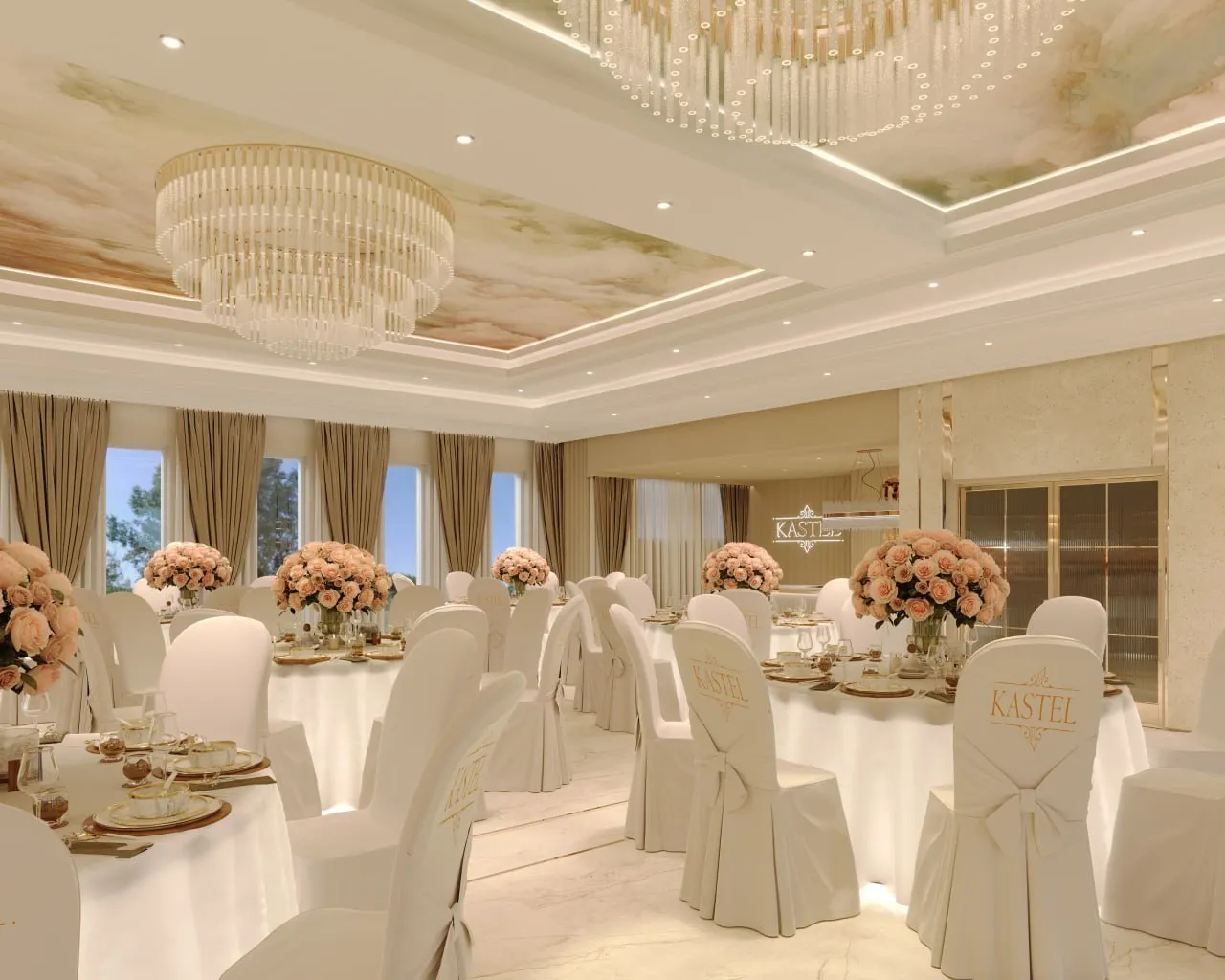A banquet hall in chair covers and table linen