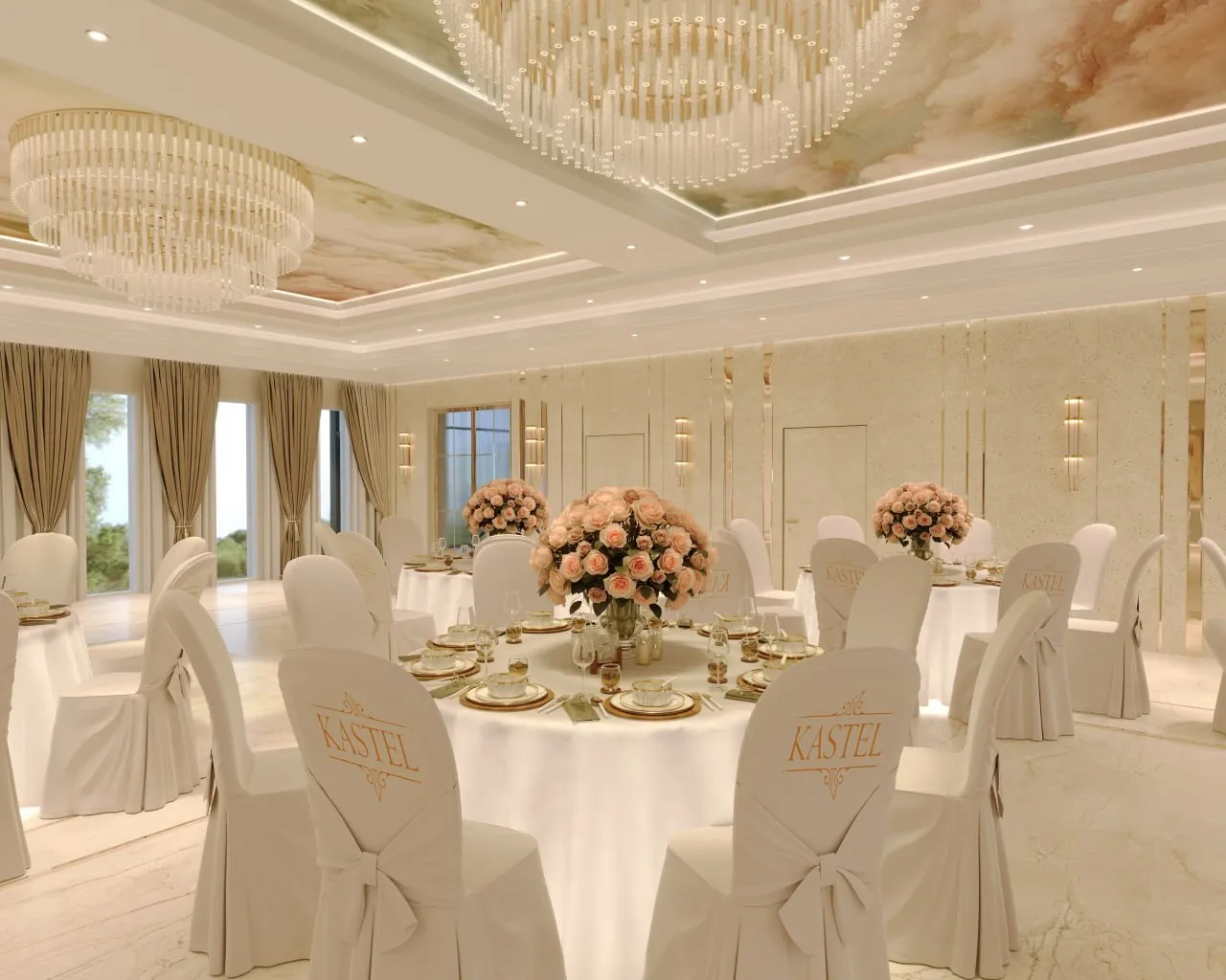 Round tables in cloths, chairs in stretch covers