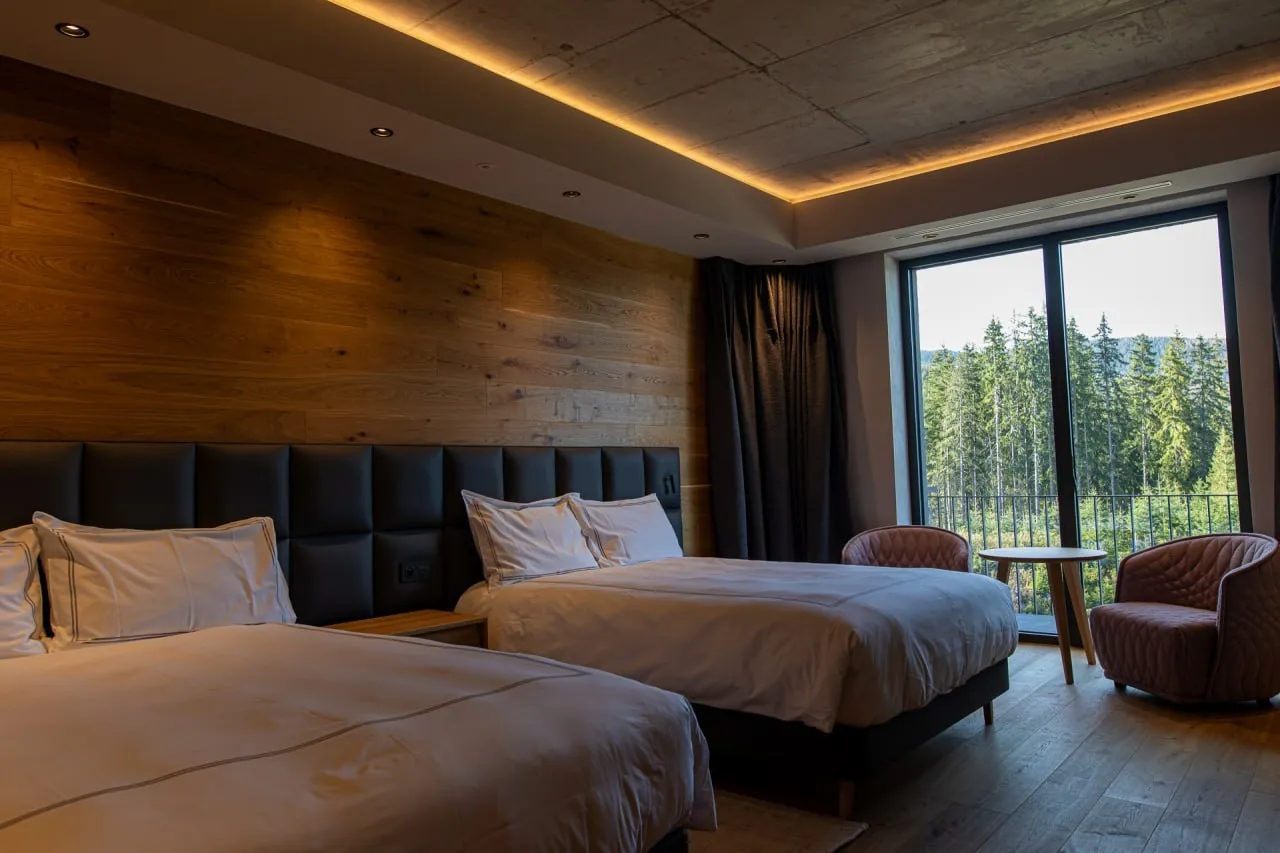 Blackout curtains at a window facing the Tatras